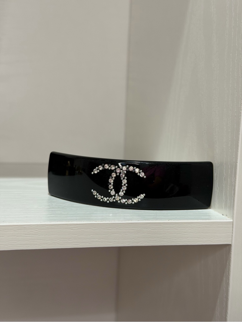 CHANEL Black Crystal CC Logo Hair Barrette